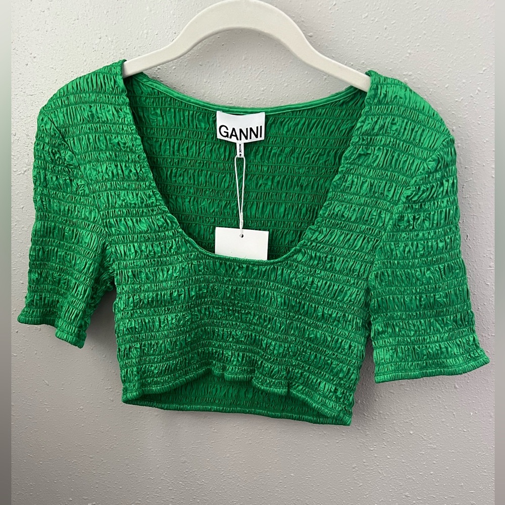 GANNI Green Ruched crop top Size 36 New - Picture 6 of 14